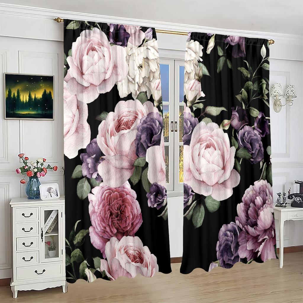 Botanical Floral Print Curtains 2-Piece Polyester Set for Bedroom Living Room Study Elegant Blossom Window Treatment