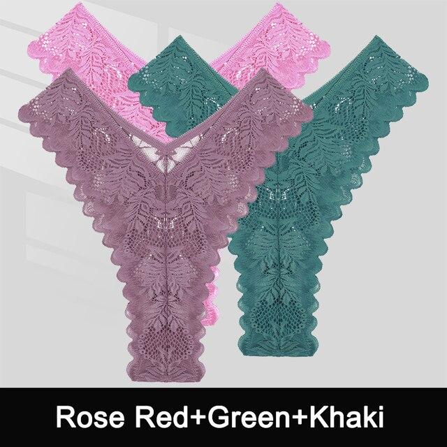 FINTOO 3PCS/Set Sexy V Waist Floral Lace Women Panties Perspective Underwear Thongs Brazilian Briefs Lingerie Comfort Female Underpants