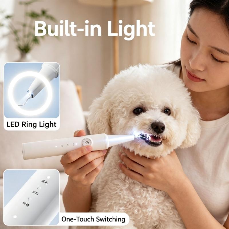 Rechargeable Pet Teeth Cleaning Device with Type C Charging, Three Power Choices and Integrated Light for Routine Dog and Care