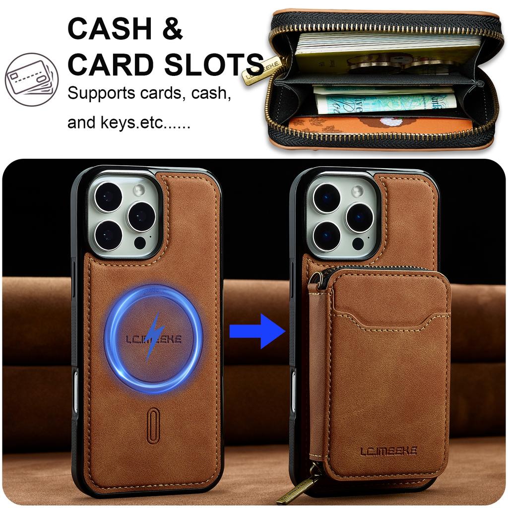 LC.IMEEKE L6 For iPhone 16 Pro Max Magnetic Case Detachable Zipper Wallet Leather Coated PC + TPU Phone Cover