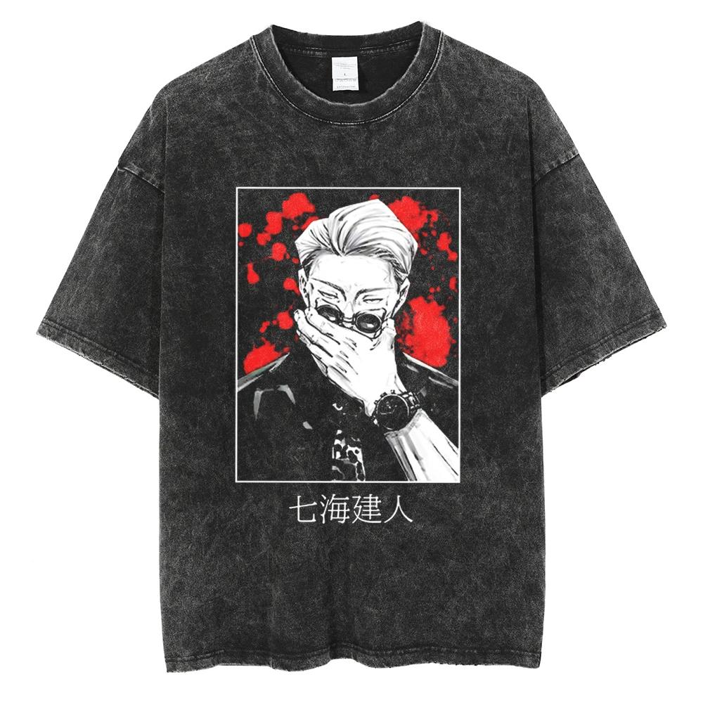 Аниме Jujutsu Kaisen Стиранная Футболка Винтажный Хип-Хоп Ретро Хлопок Мужская Уличная Одежда Оверсайз Женский Топ с Короткой Рукавой Y2k