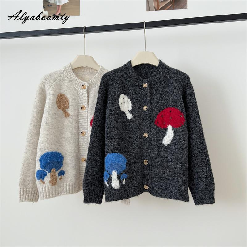 Autumn Winter Women Basic Sweater Cardigan Grey Beige Mushroom Cute Knitted Coat Knitting Elegant Warm Ladies' Outerwear