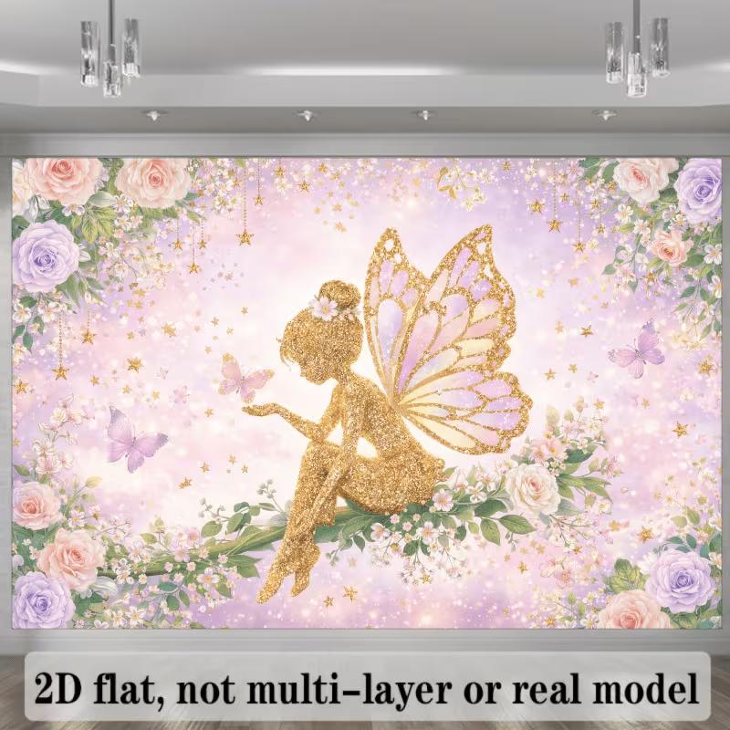 2D Fairy Backdrop for Girls Birthday Party, Pink Purple Floral Butterfly Photo Background