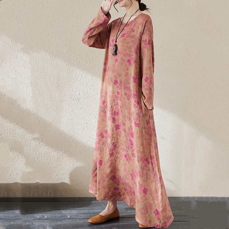 Длинный рукав Плюс размер тонкий хлопок винтажный цветочный новый в платьях для женщин повседневный свободный длинный весна лето осень платье