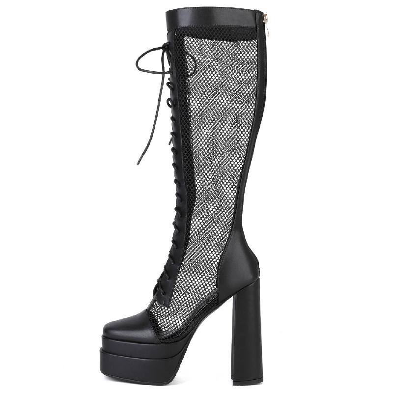 Сексуальные летние сапоги женские на платформе блочный высокий каблук сапоги до колена 2025 черные белые шнуровка сетка фетиш обувь для вечеринки большой размер