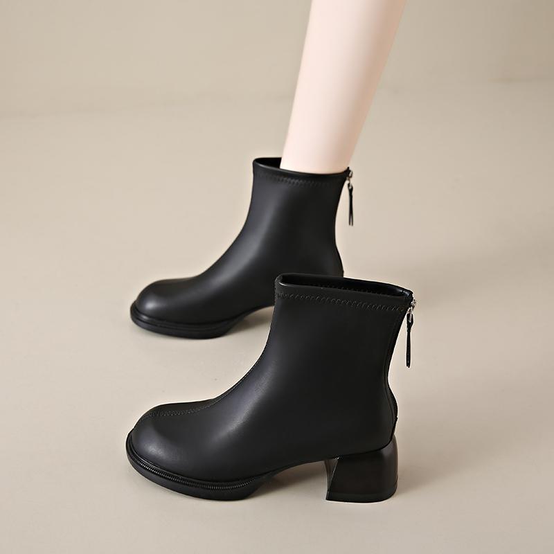 Fashion 2024 Women's Spring and Autumn New Fashion Round Head Color Blocked Leather Thick Bottom Comfortable High Heels Fashion Boots