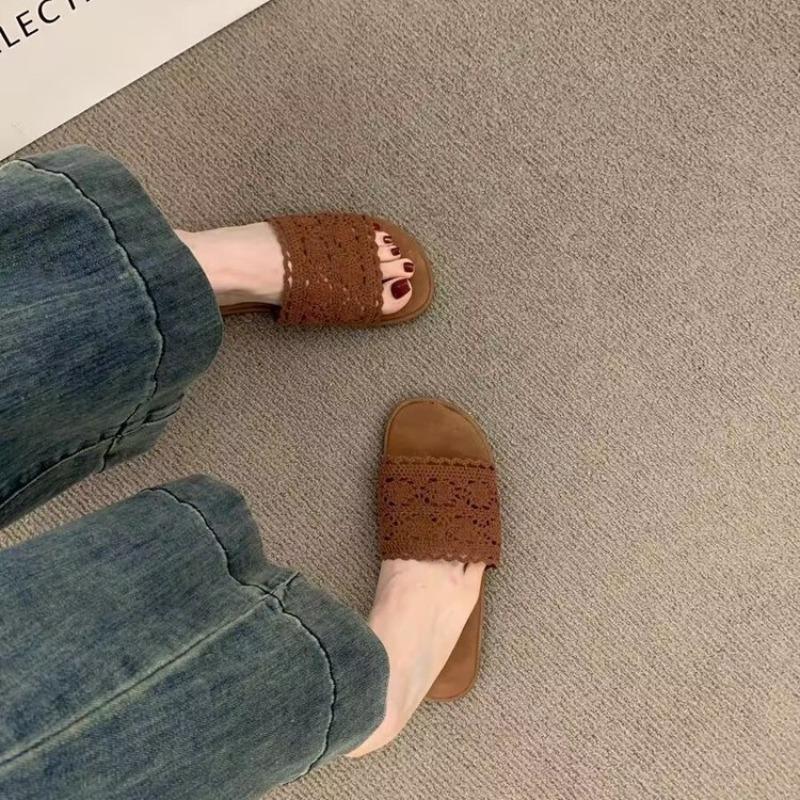 Fashion New Ladies Lace Linen Slippers Women's Sexy Grass Woven Slides Outdoor Light Comfortable Sweet Mesh Handmade Shoes Home Sandals