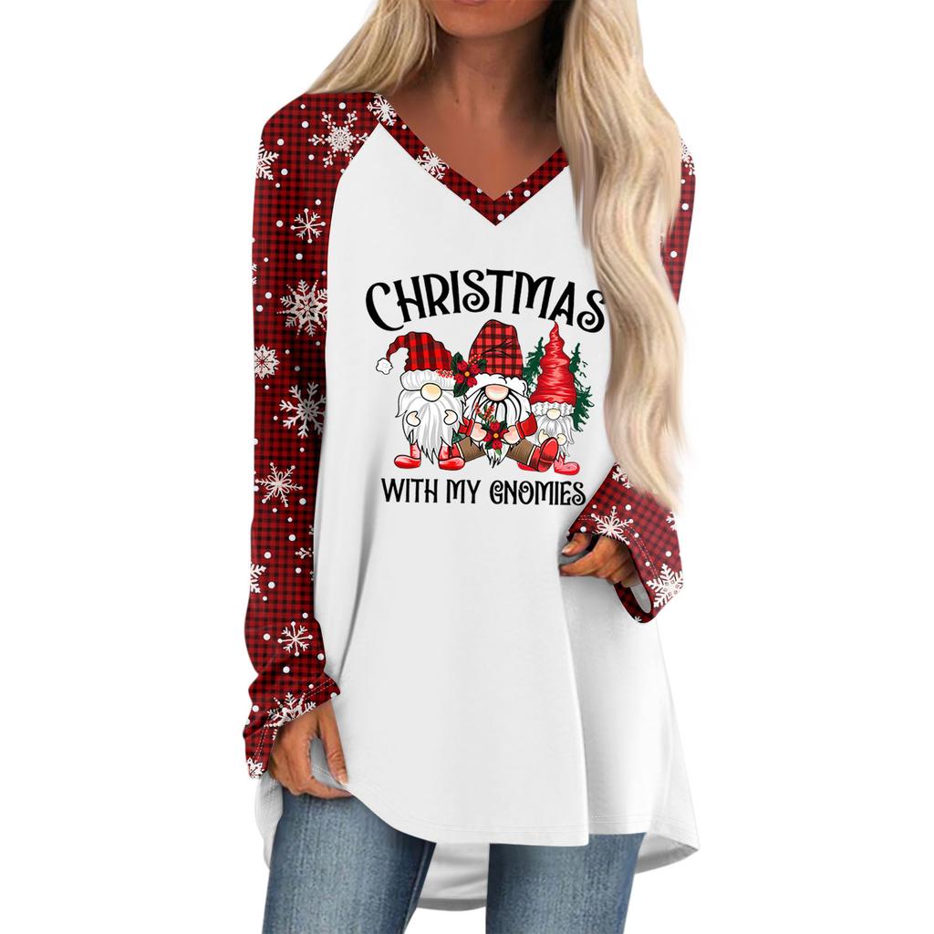 Женская и зимняя футболка с длинными рукавами и V-образным вырезом с рождественским принтом, повседневная длинная свободная футболка