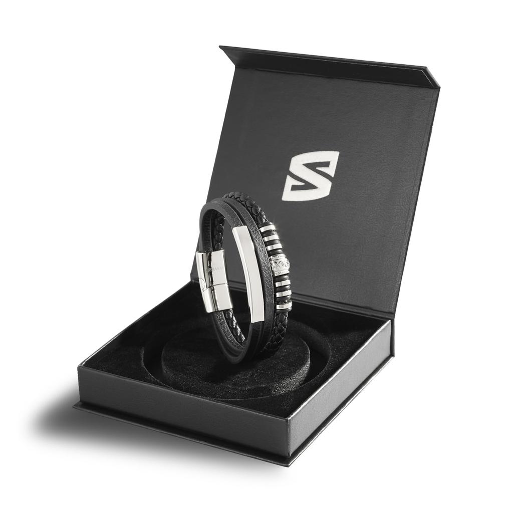 Серебряный браслет 17 см Кожаное украшение на руку Цепочка Плетеный обмоточный [SERASAR] Мужской