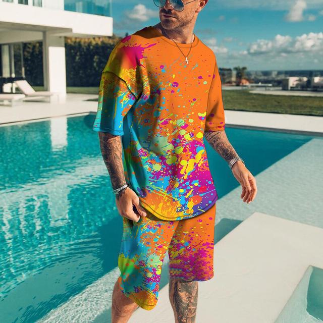 Fashion Men Tracksuit Summer Short Sleeve 3D Print Shirt Outfit O Neck Travel Streetwear T-shirt Set Men's Oversized Clothing