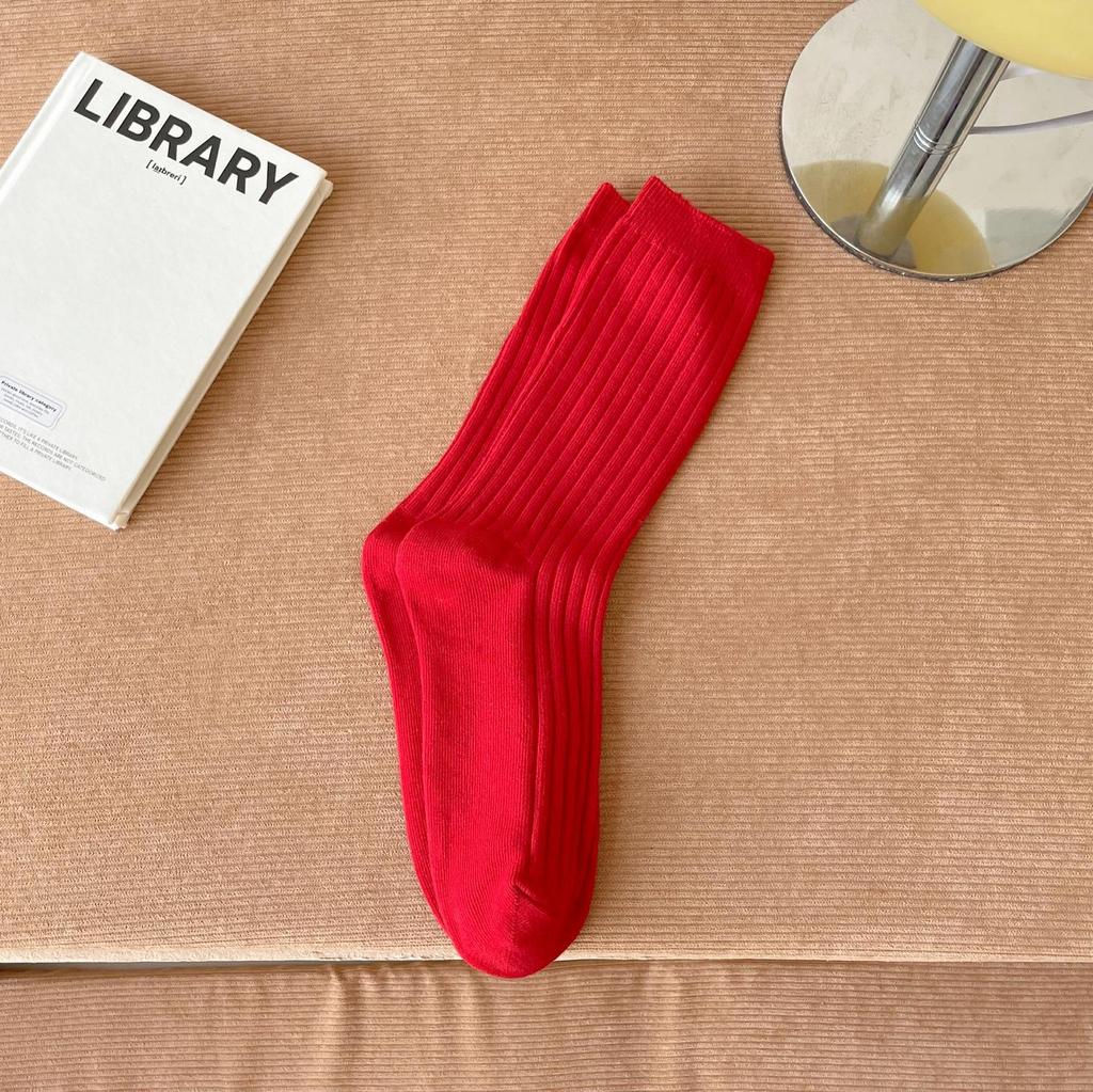 Women's Pure Cotton Mid-Calf Socks, Korean Style Trendy Solid Color, Double-Needle, Autumn/Winter Vertical Stripe, Knee-High Slouch Socks