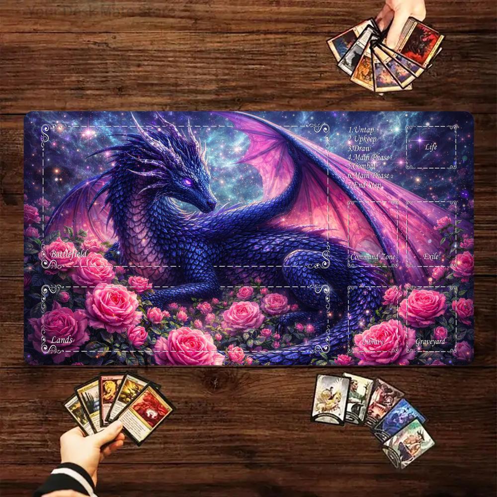 Purple Rose Galaxy Dragon MTG Playmat AntiSlip Stain Resistant Fantasy Gaming Desk Mat for TCG Players