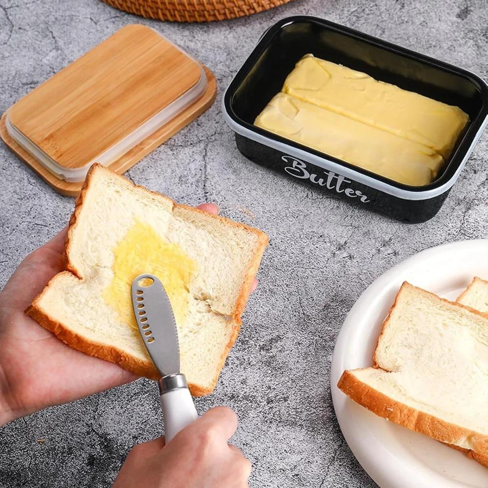Practical Airtight Butter Dish Rectangular With Spatula Butter Storage Container Bamboo Cover Iron Butter Keeper Bread