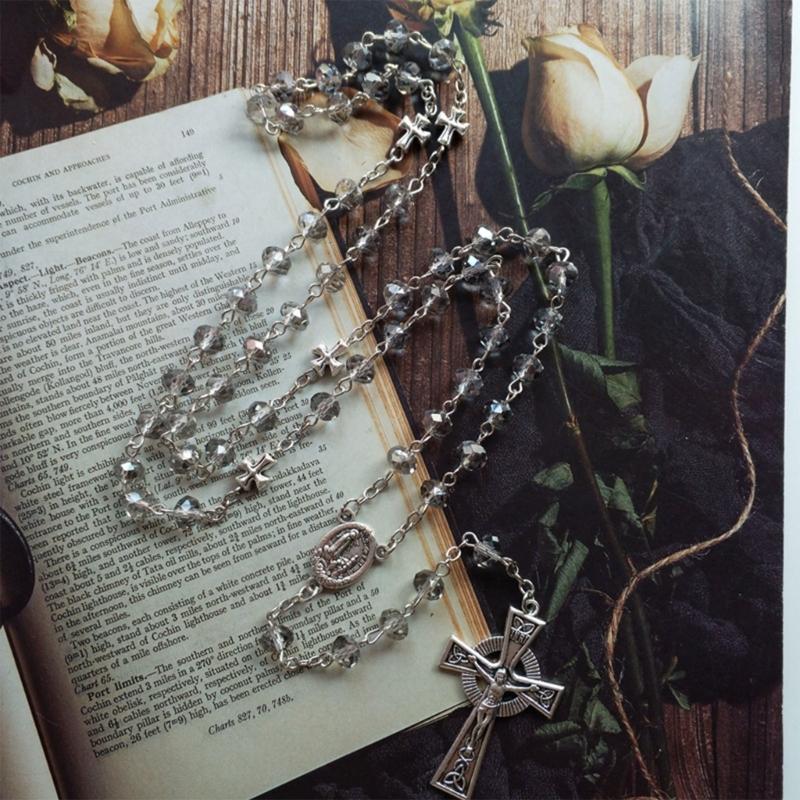 Gray Crystal Rosary Necklaces Catholic Crucifix Cross Pendant Long Necklaces Religious Jewelry for Women Men Gift