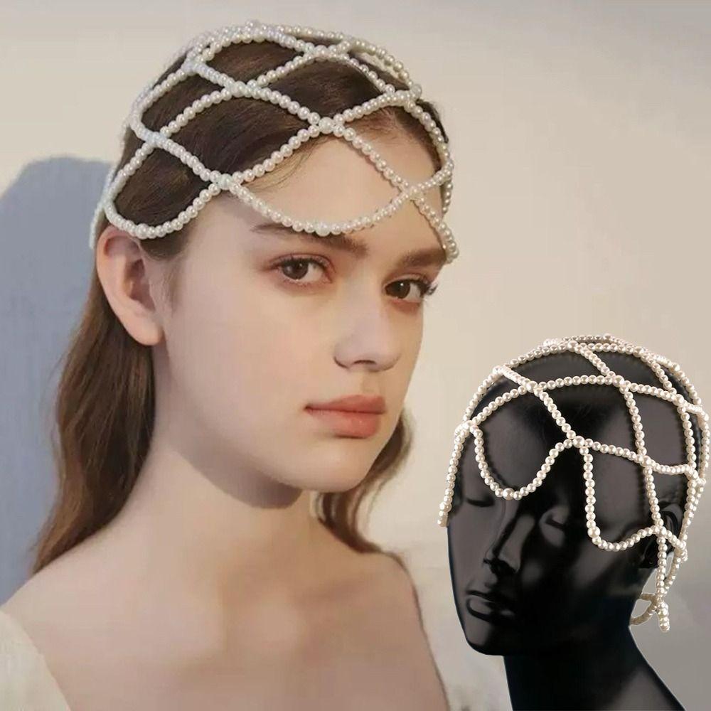 Hand-Made Mesh Hair Accessories Pearls Weave Bridal Head Ornament Pearl Headpiece Bridal Wedding