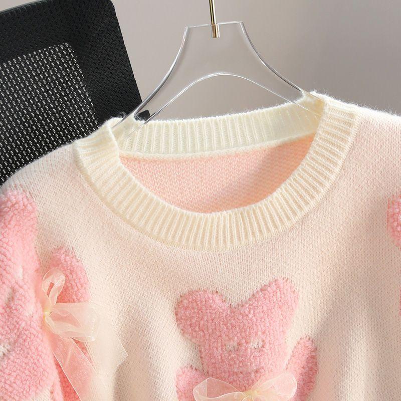 Women's Cute Bow Slouchy Pullover Sweater Fall/Winter Solid Loose Crewneck Long Sleeve Crochet Knitwear Going Out Top Jumper