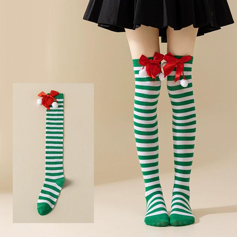 Women with Bow Accent for Women Girls Christmas Socks Knee-High Over-the-Knee Elegant Red & Green Striped Long Socks