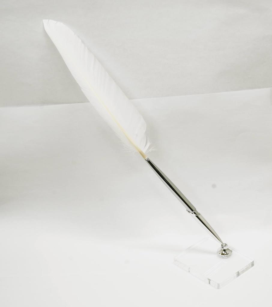 Латунная дисковая ручка с гусиным пером прозрачная акриловая подставка для ручки с серебристым держателем для ручки белое перо японская обработка + Q-S6P2WG-1-W