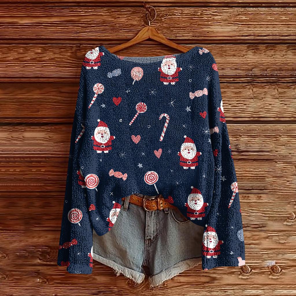 Women's Christmas Print Lightweight Sweater Casual Long Sleeve Knitted Pullover