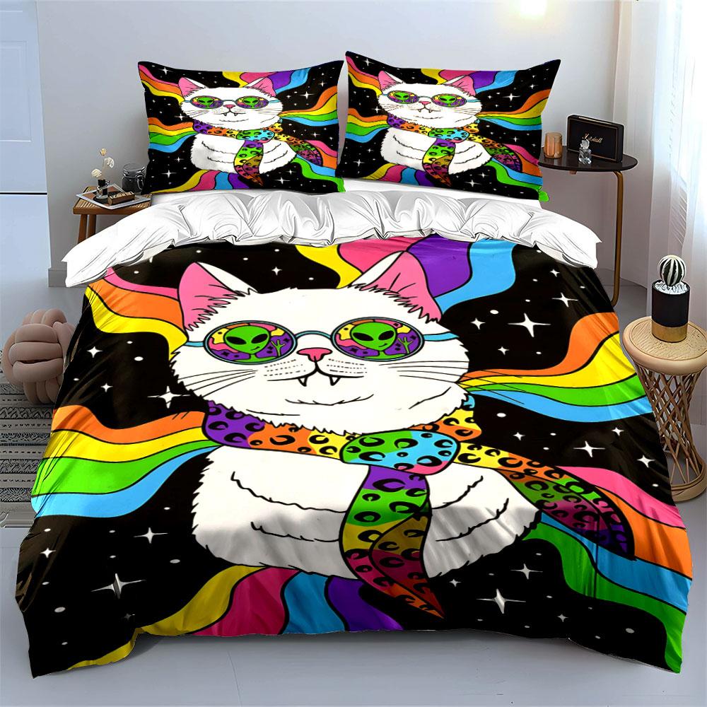 Cat, aliens, rainbow, stars. Bedding sets Duvet cover sets Duvet covers Pillowcases(1*Duvet Cover 2*Pillowcases without duvet insert)