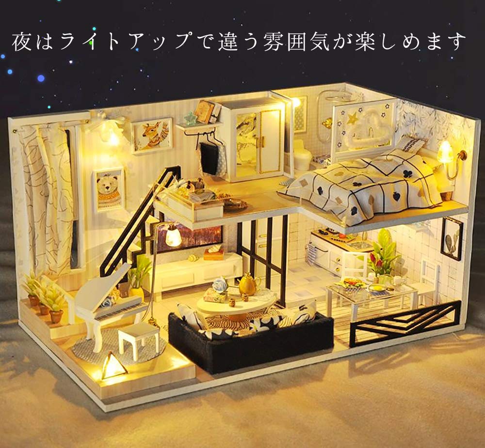 Moin Moin Dollhouse Miniature Handmade Kit Set Modern Model Room Style Interior Stylish Two-storyLED Light + Acrylic Case Includedcastello