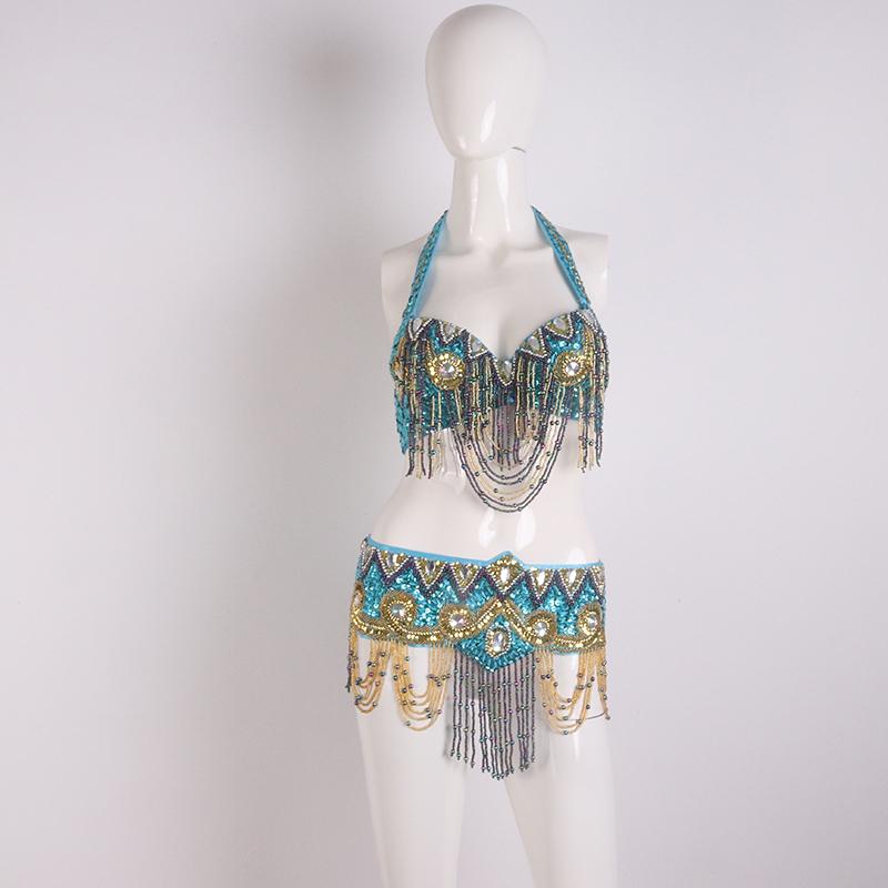 Sexy Girl Belly Dance Costume Wear Beaded Sequins Bar+Belt 2pc Set Ladies Bellydancing Costumes Bellydance Clothes