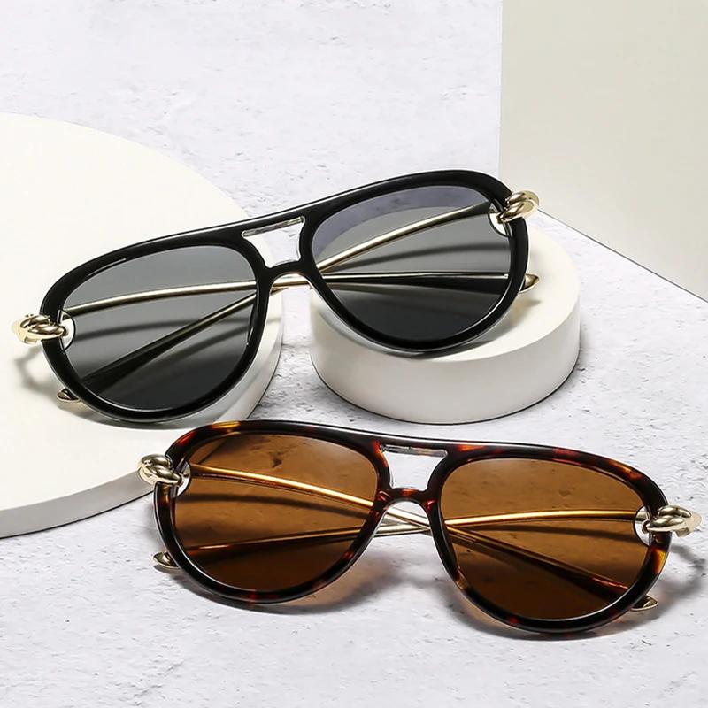 Популярные Модные Солнцезащитные Очки Авиаторы с Двойной Переносицей Женские Роскошный Брендовый Дизайнерский Аксессуар Овальные Солнцезащитные Очки с Пустотами Uv400 Мужские Очки