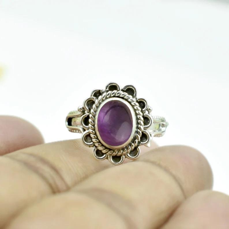 Дизайнерское кольцо ручной работы с аметистом и овальным драгоценным камнем, серебряное кольцо 925 пробы, кольцо с камнем, подарок для нее, богемное кольцо