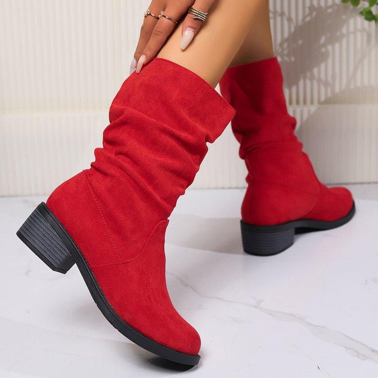 Womens Faux Suede Slouchy Mid Calf Boots Riding Boots Wide Calf Pull On Chunky Block Heel Boots for Women Round Toe Fall Winter Low Heel Booties Shoes