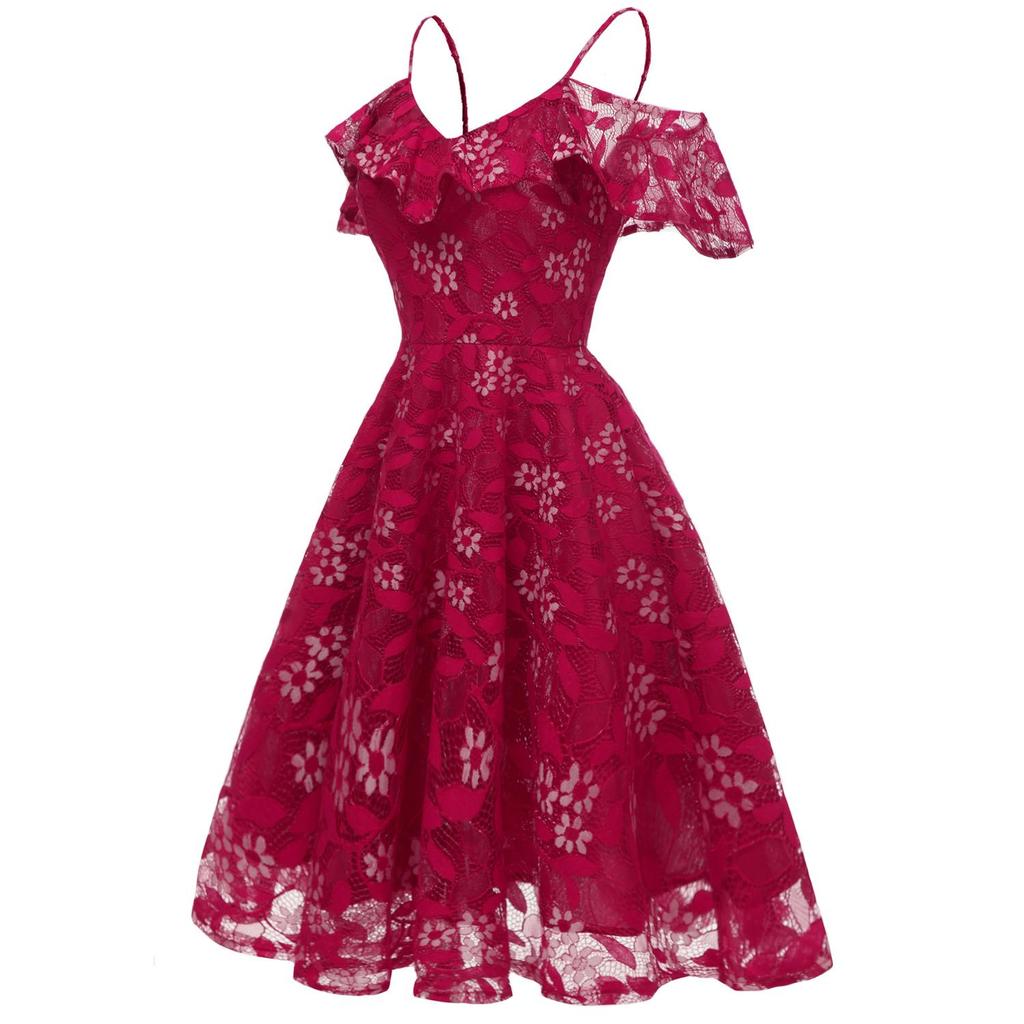 Deer Women's Floral Crochet Lace Ruffle Cold Shoulder Cami Strap Midi Bridesmaid Dress Wedding Evening Formal Party Cocktail Occasions Outfits