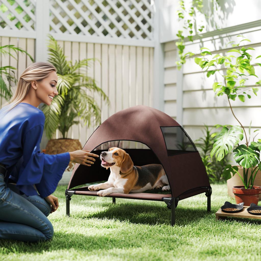 Outdoor Dog Bed with Roof, Elevated Dog Bed for Medium-Sized Dogs, 76 x 61 x 71cm, Coffee