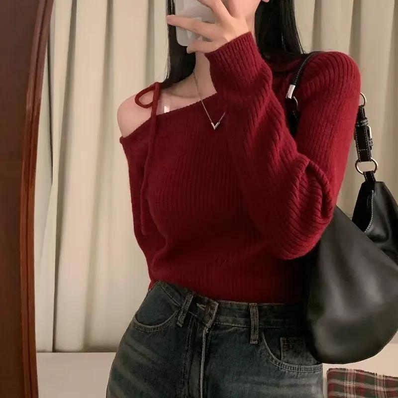 Autumn Winter Irregular Off Shoulder Sexy Sweater Ladies Lace-up Slim Fit Long Sleeve Knitted Women's Sweaters Solid Casual Female Jumpers Tops 30981