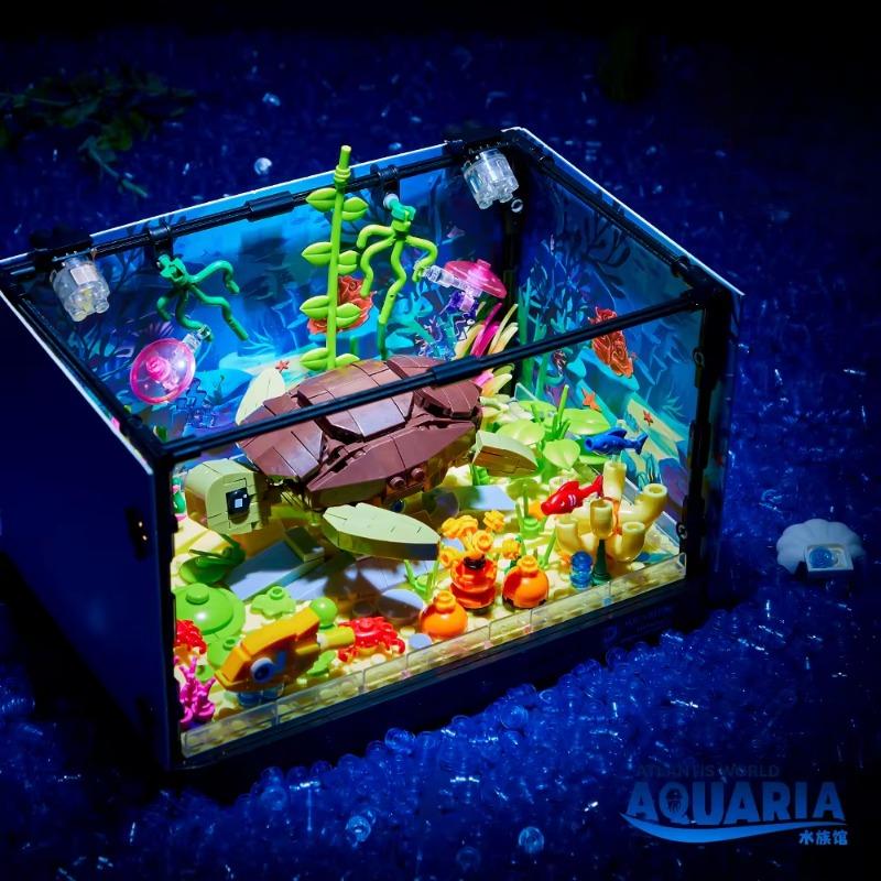 Aquatic Animal Fish Tank Marine Organism Tortoise Building Blocks Set 7024 Aquarium Diy Assemble Bricks Toy Kit With Light