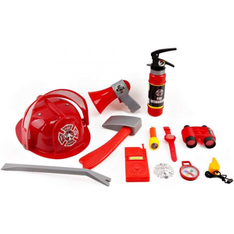 Washable Fireman Costume Set with 13 Fire Fighter Toy Accessories, Storage Backpack and Real Water Shooting Extinguisher - Great for Kids