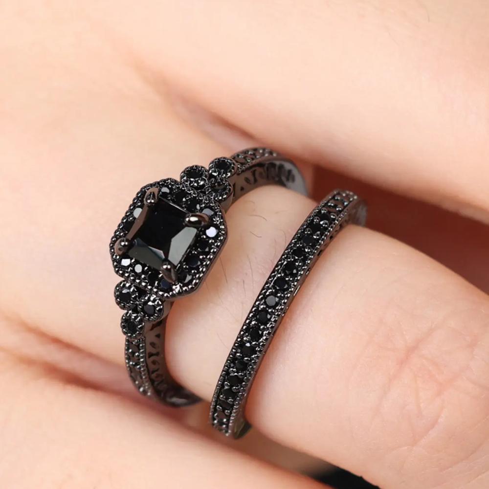 Кольца обещания в готическом стиле, 2 шт., инкрустированные черным цирконием, обручальные обручальные кольца, набор для крутых девушек, разные размеры на выбор, аксессуары для вечеринок