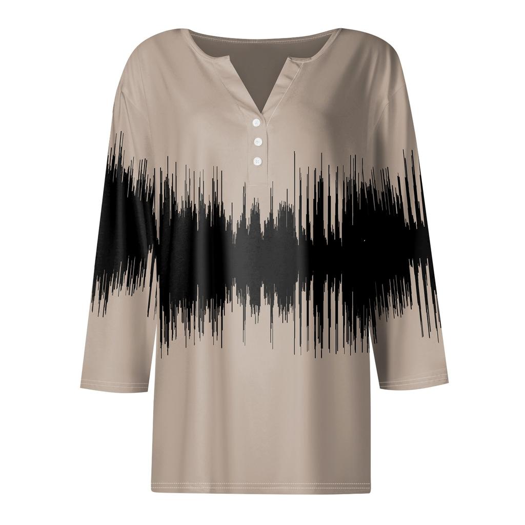 Жен. Футболка Футболка С принтом Пуговицы Рукав 3/4 Повседневные Выходные Мода Классический Классический V-образный вырез Обычный Верх