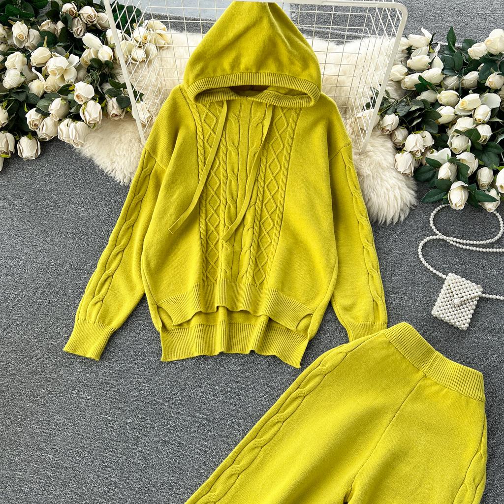 Осенне-зимний женский вязаный свитер, спортивный костюм, модный пуловер с капюшоном, топы и широкие брюки, комплект из двух предметов