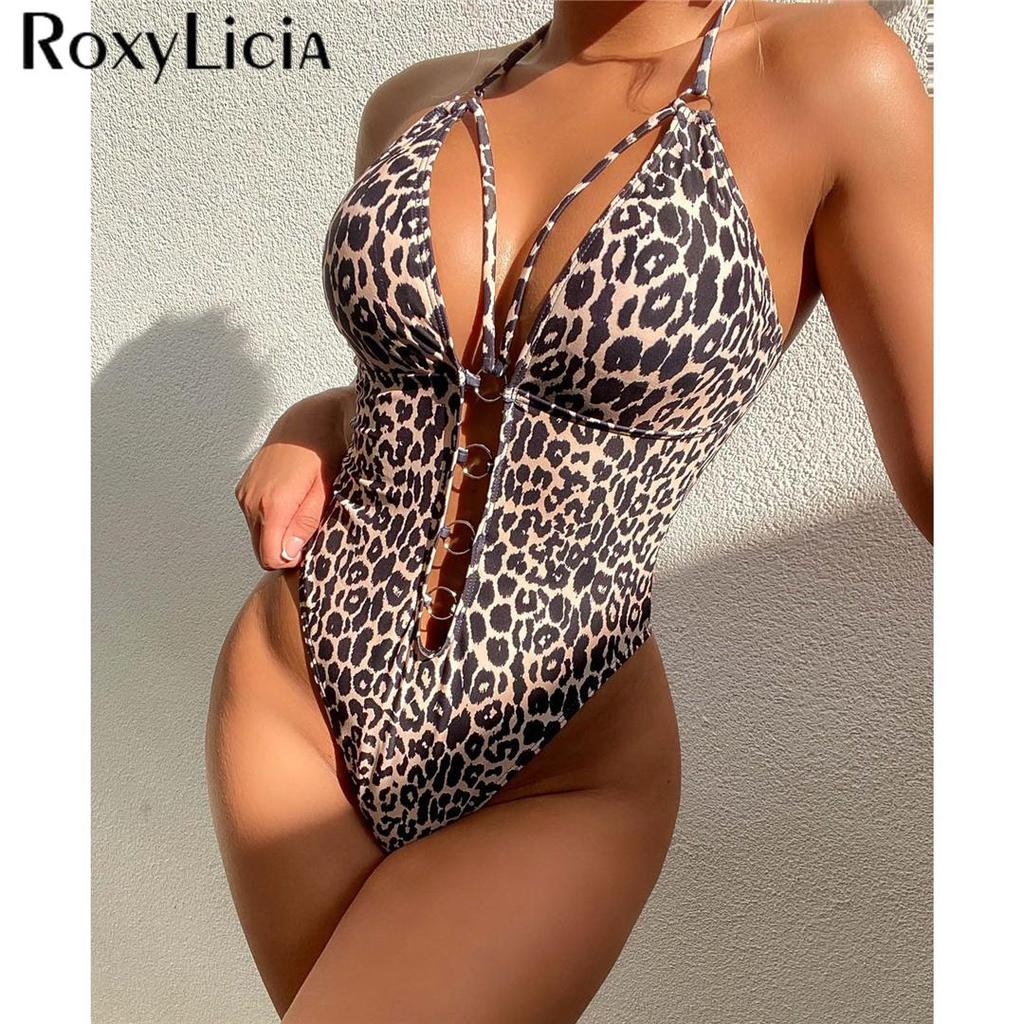 Leopard Metal Rings Halter Cut Out Monokini Women Swimwear One Piece Swimsuit Female High Leg Cut Bather Bathing Suit Swim
