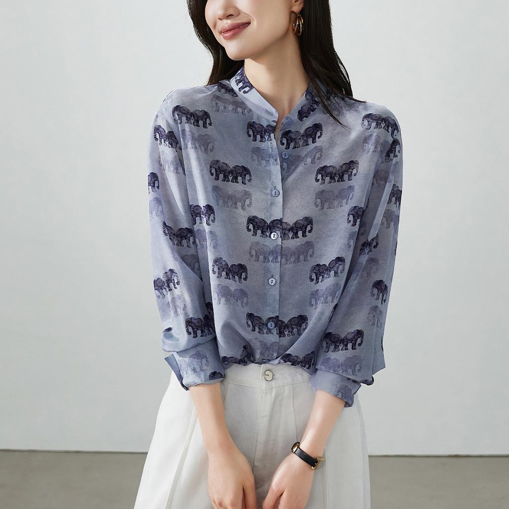 100% mulberry silk printed shirt for women, 2026 spring fashion commuting versatile long sleeved silk shirt
