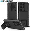 KEYSION Shockproof Case for Samsung S25 Ultra 5G S25+ Plus Slide Camera Lens Protection Live Stand Phone Cover for Galaxy S24 FE 5G