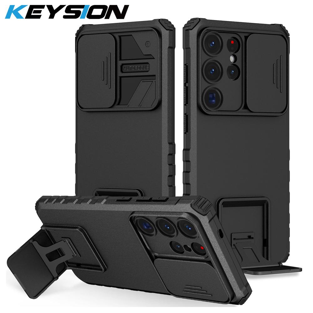 KEYSION Shockproof Case for Samsung S25 Ultra 5G S25+ Plus Slide Camera Lens Protection Live Stand Phone Cover for Galaxy S24 FE 5G