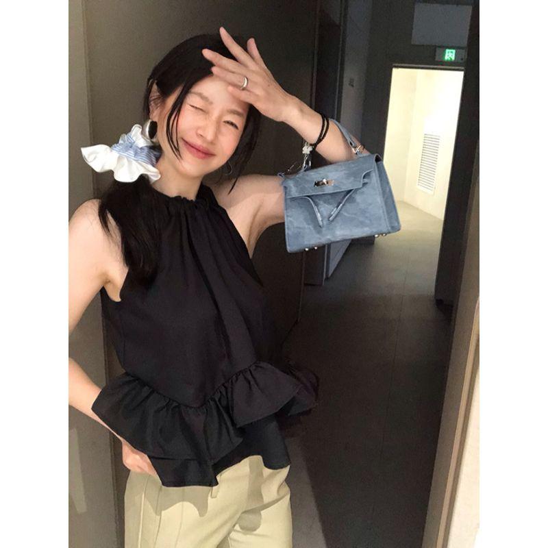 Kumikumi Sweet and Spicy Style Hanging Neck Sleeveless Black Vest Women Clothes Summer Temperament Patchwork Frill All-Match Top