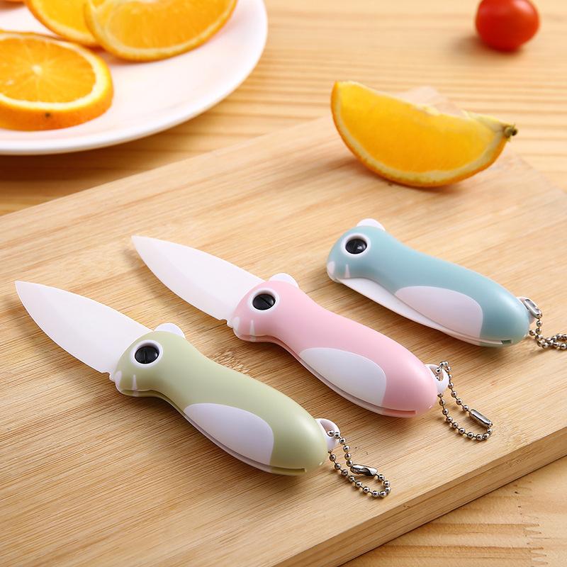 Cute Cartoon Ceramic Cutter Plastic Handle Folding Fruit Knife Kitchen Kids Auxiliary Knives Mini Portable Sharp Knife Peeler