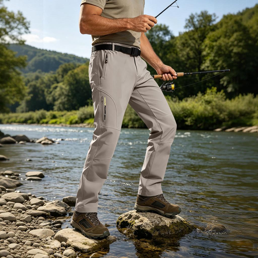 Men's Outdoor Hiking Windproof Breathable Quick Dry Waterproof Softshell Pants with Adjustable Belt for Trekking and Climbing