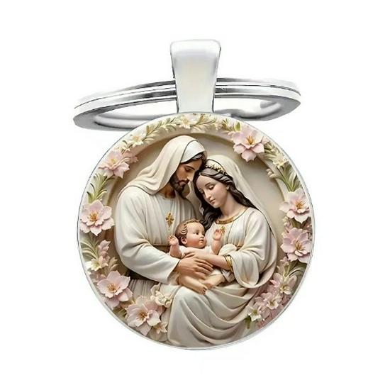Virgin Mary Pattern Time Gem Pendant Keychain Jewelry