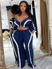 European & American Striped Patchwork Two-Piece: Zipper Lapel Top & Wide-Leg Pants Set for Women