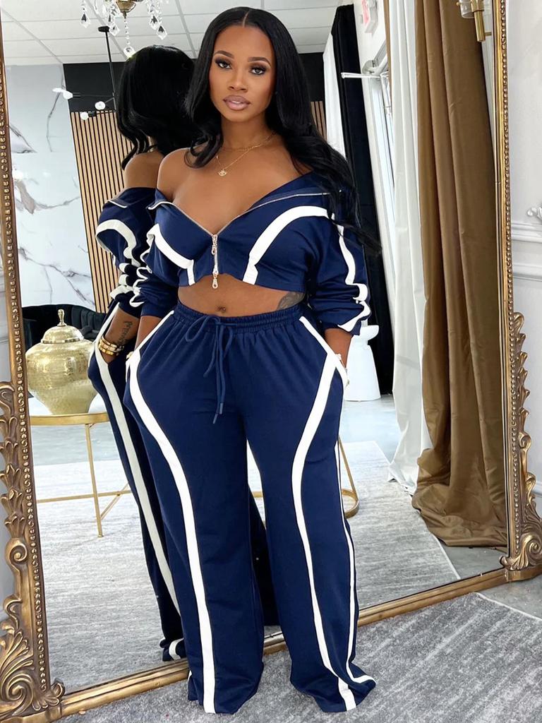 European & American Striped Patchwork Two-Piece: Zipper Lapel Top & Wide-Leg Pants Set for Women