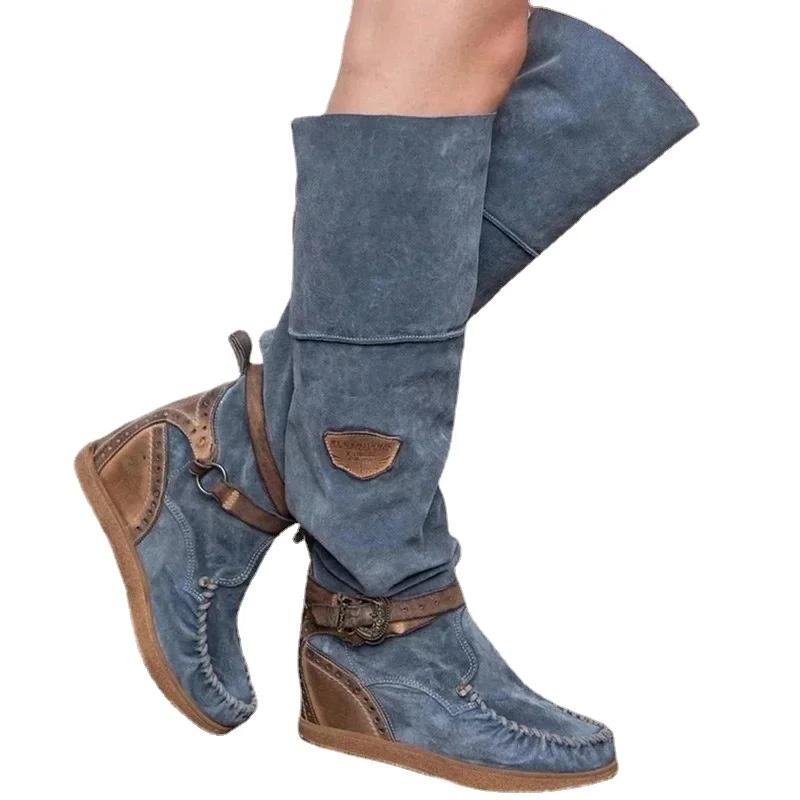Винтажные женские ботинки Повседневные сапоги до колена Женские туфли на высоком каблуке Термогалоши Высокие сапоги Mujer Sapato