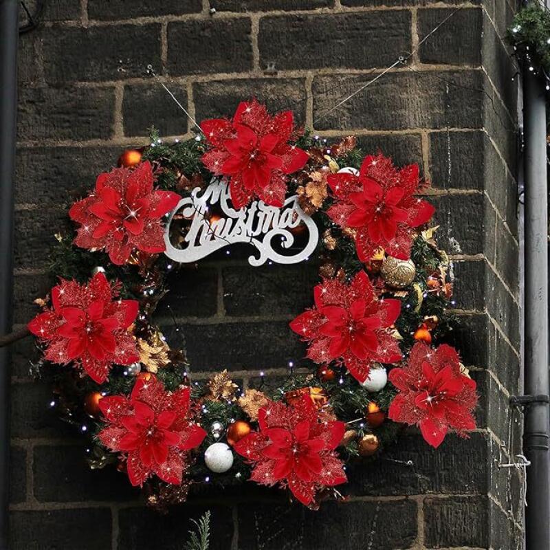 5/10/20 шт. Рождественские цветочные украшения, розовые, красные, золотые, блестящие искусственные цветы для рождественской елки, рождественское украшение для дома