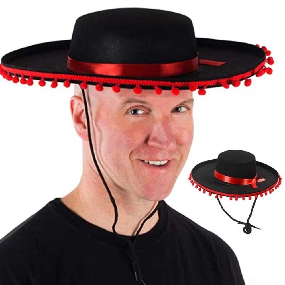 Wide Brim Mexican Hat Costumes Fuzz Ball Spanish-style Hat Mexican Sombrero Hats Halloween